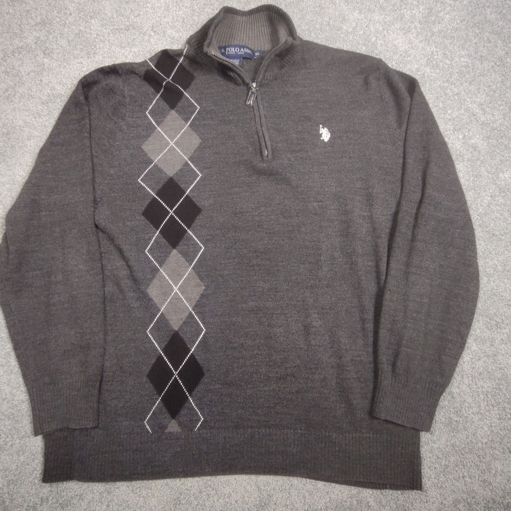 US Polo Assn Mens XL Gray Argyle Quarter Zip Sweater Acrylic Mock Neck Pullover